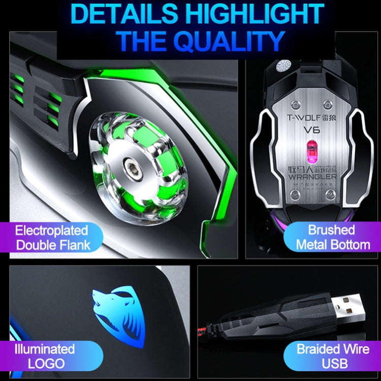 T-WOLF V6 USB Interface 6-Buttons 3200 DPI Wired Mouse Gaming Mechanical Macro Programming 7-Colo...