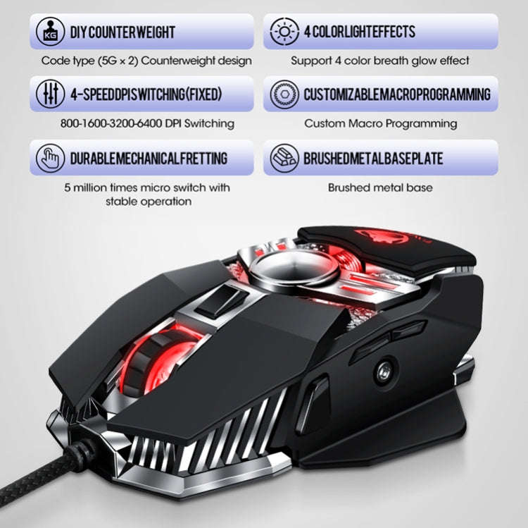 T-WOLF V10 USB Interface 7 Buttons 6400 DPI Gaming Wired Mouse Custom Macro Programming 4-Color B...