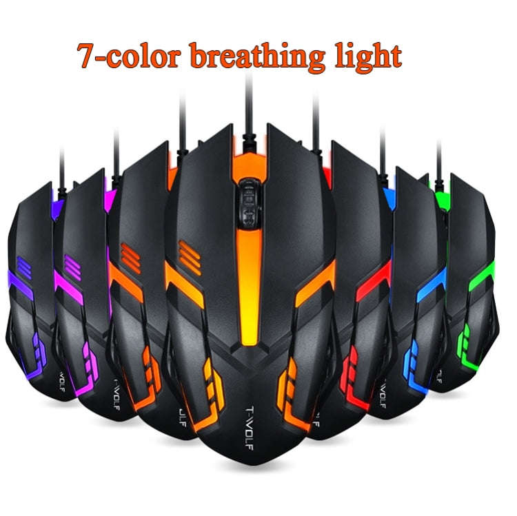 2 PCS T-WOLF V1 USB Interface 3-Buttons 1200 DPI Wired Mouse 7-Color Backlit Gaming Mouse, Cable ...