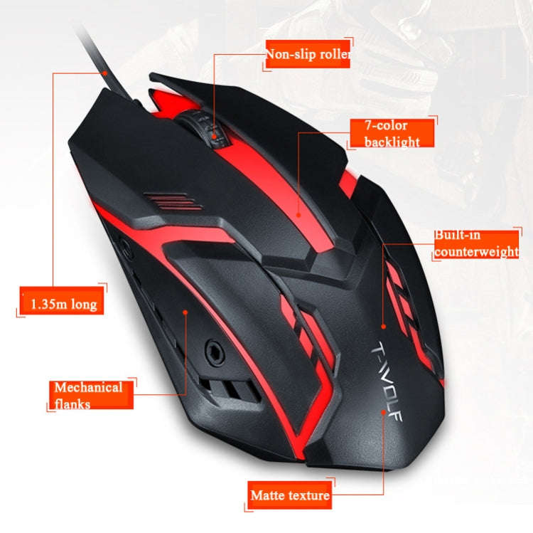 2 PCS T-WOLF V1 USB Interface 3-Buttons 1200 DPI Wired Mouse 7-Color Backlit Gaming Mouse, Cable ...