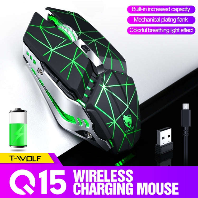 T-WOLF Q15 6-Buttons 1600 DPI Wireless Rechargeable Mute Office Gaming Mouse with 7 Color Breathi...