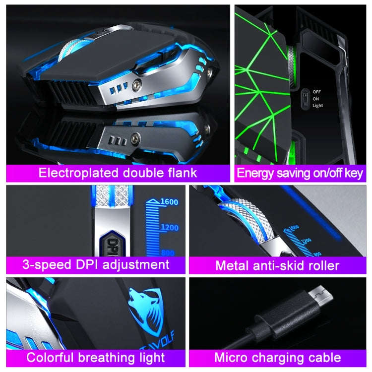 T-WOLF Q15 6-Buttons 1600 DPI Wireless Rechargeable Mute Office Gaming Mouse with 7 Color Breathi...