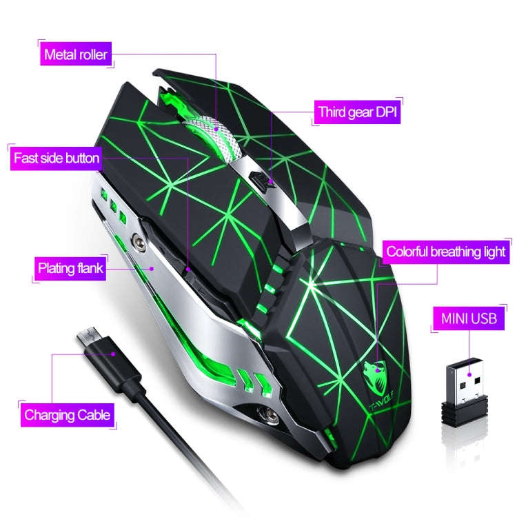 T-WOLF Q15 6-Buttons 1600 DPI Wireless Rechargeable Mute Office Gaming Mouse with 7 Color Breathi...