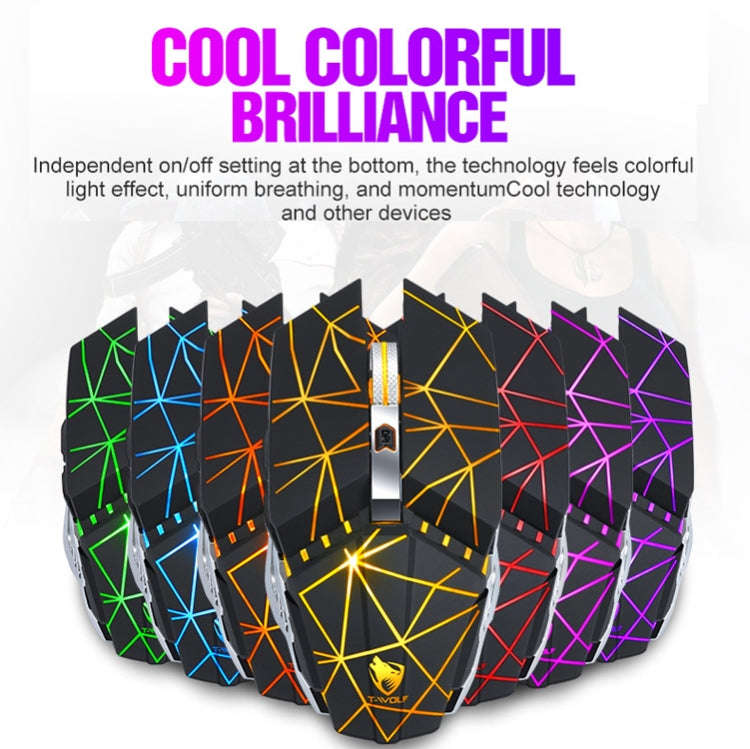 T-WOLF Q15 6-Buttons 1600 DPI Wireless Rechargeable Mute Office Gaming Mouse with 7 Color Breathi...