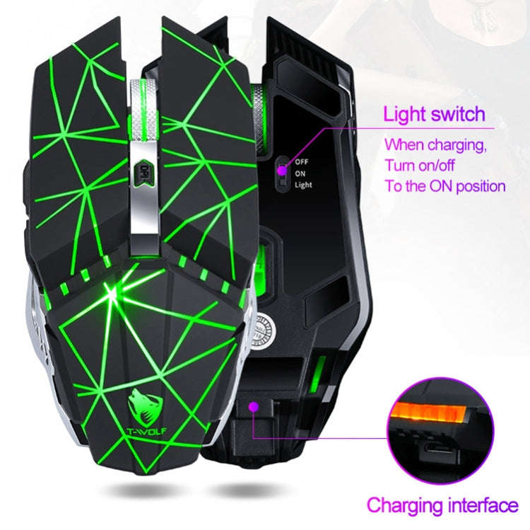 T-WOLF Q15 6-Buttons 1600 DPI Wireless Rechargeable Mute Office Gaming Mouse with 7 Color Breathi...