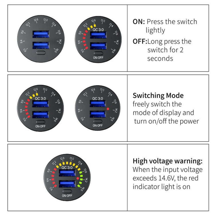 Car Motorcycle Ship Modified With Colorful Screen Display USB Dual QC3.0 Fast Charge Car Charger,...