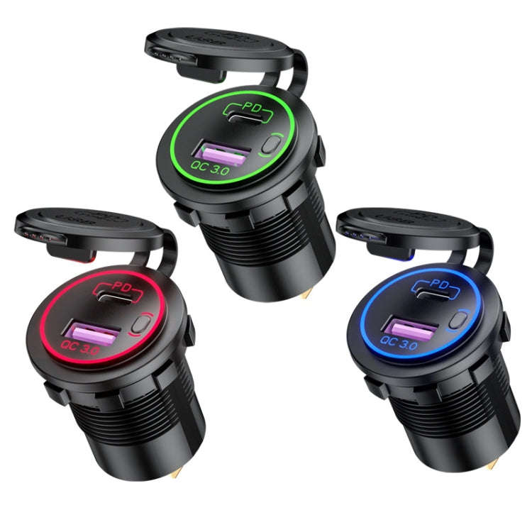 Car Motorcycle Ship Modified USB Charger Waterproof PD + QC3.0 Fast Charge, Model: Red Light With...