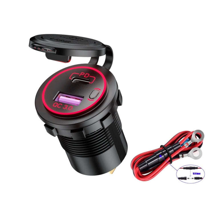 Car Motorcycle Ship Modified USB Charger Waterproof PD + QC3.0 Fast Charge, Model: Red Light With...