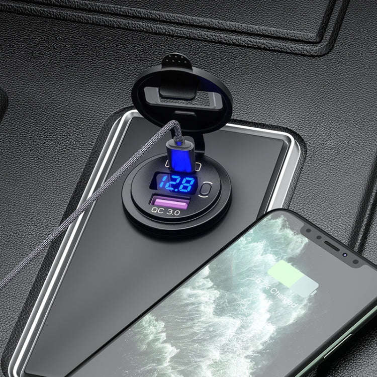 12V Modified Car USB Charger With Voltage Display PD QC3.0 Socket(With Terminal Blue Light)