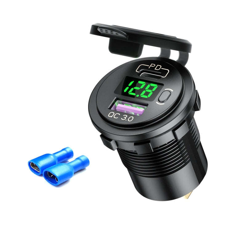 12V Modified Car USB Charger With Voltage Display PD QC3.0 Socket(With Terminal Green Light)