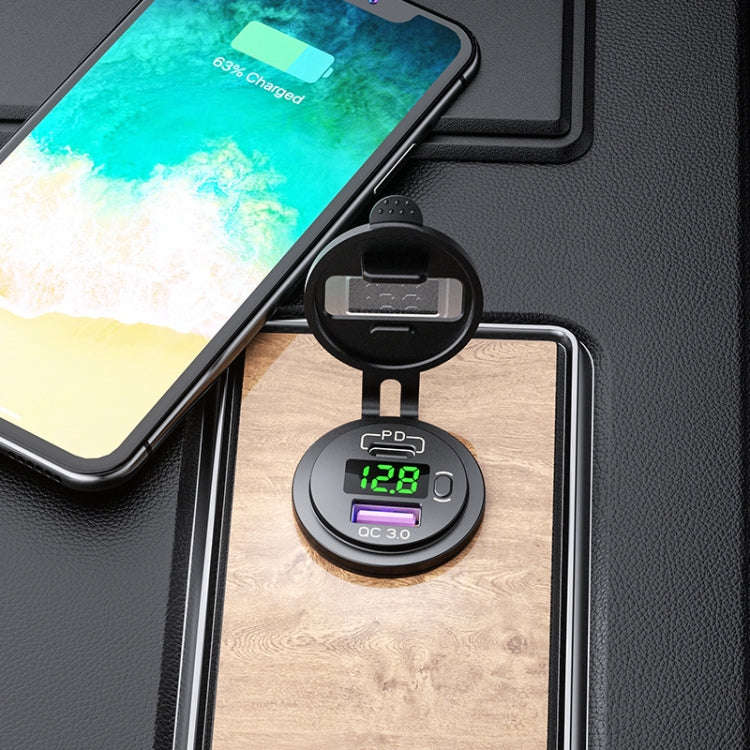 12V Modified Car USB Charger With Voltage Display PD QC3.0 Socket(With Terminal Green Light)