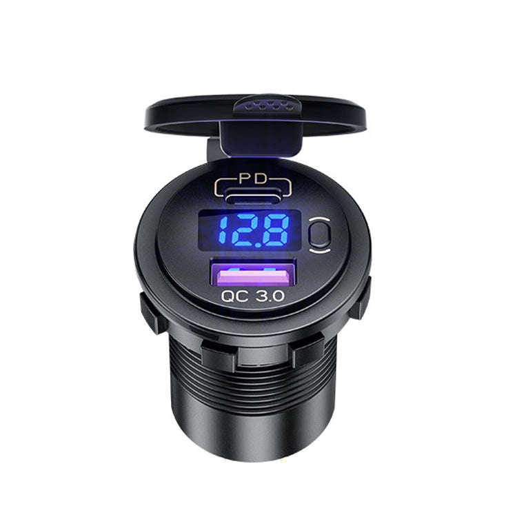 12V Modified Car USB Charger With Voltage Display PD QC3.0 Socket(With Terminal Green Light)