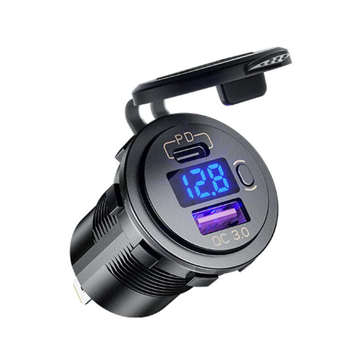 12V Modified Car USB Charger With Voltage Display PD QC3.0 Socket(With Terminal Green Light)