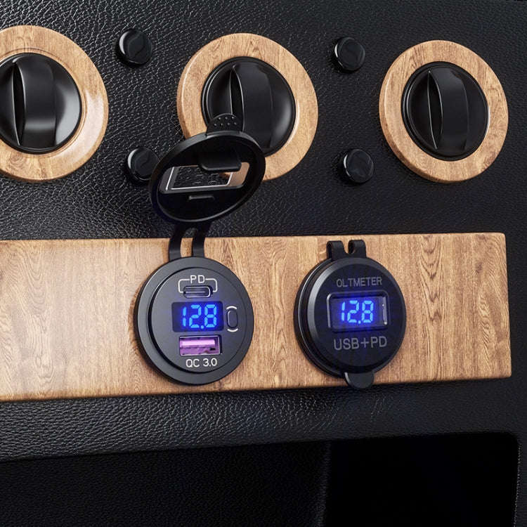 12V Modified Car USB Charger With Voltage Display PD QC3.0 Socket(With Terminal Green Light)