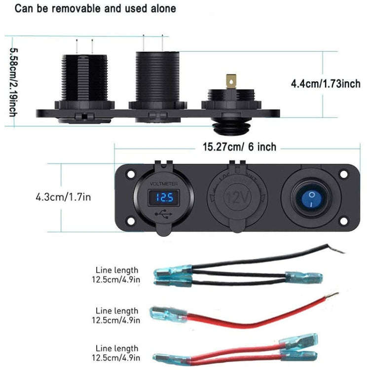 12-24V Car Ship Waterproof USB Charging Cigarette Lighter Master 3 In 1 Combined Panel Switch(Blu...