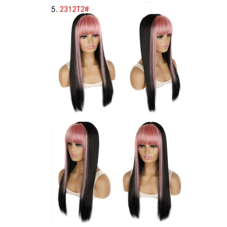 Color Bleaching And Dyeing Double Sideburns With Bangs Long Straight Hip-Hop Wig(Smoke Pink Bleac...