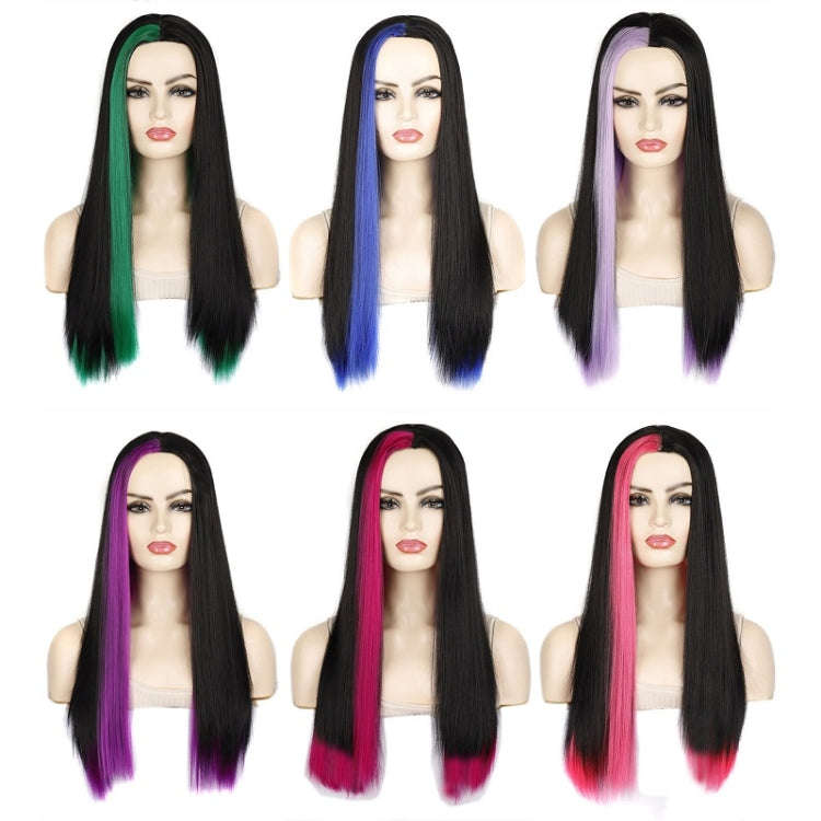 Fashion Medium Haircut Side Bangs Highlight Color Long Straight Wig(Black Ink Green)