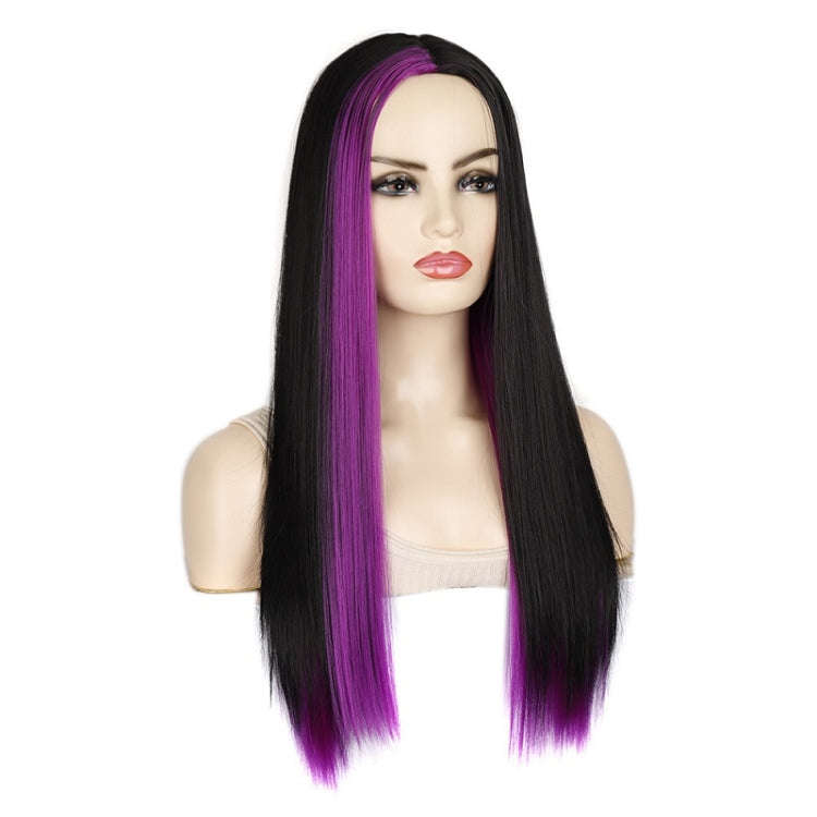 Fashion Medium Haircut Side Bangs Highlight Color Long Straight Wig(Black Ink Green)