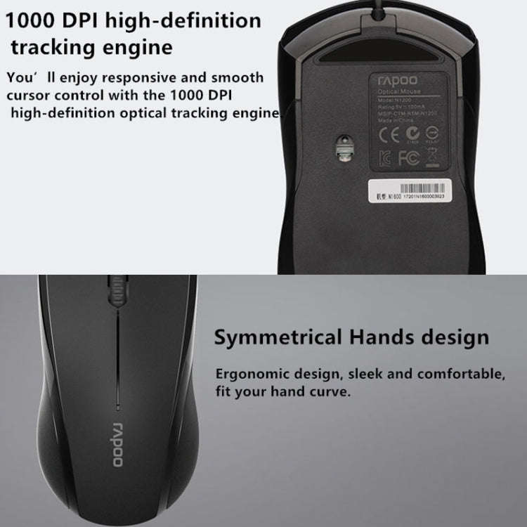 Rapoo N1600 1000 DPI 3 Keys Office Business Silent Wired Mouse, Cable Length: 1.5m(Black)