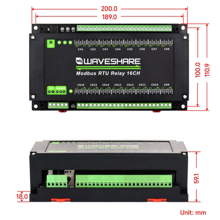 Waveshare 24921 Modbus RTU 16-Ch Relay Module, RS485 Interface, With Multiple Isolation Protectio...
