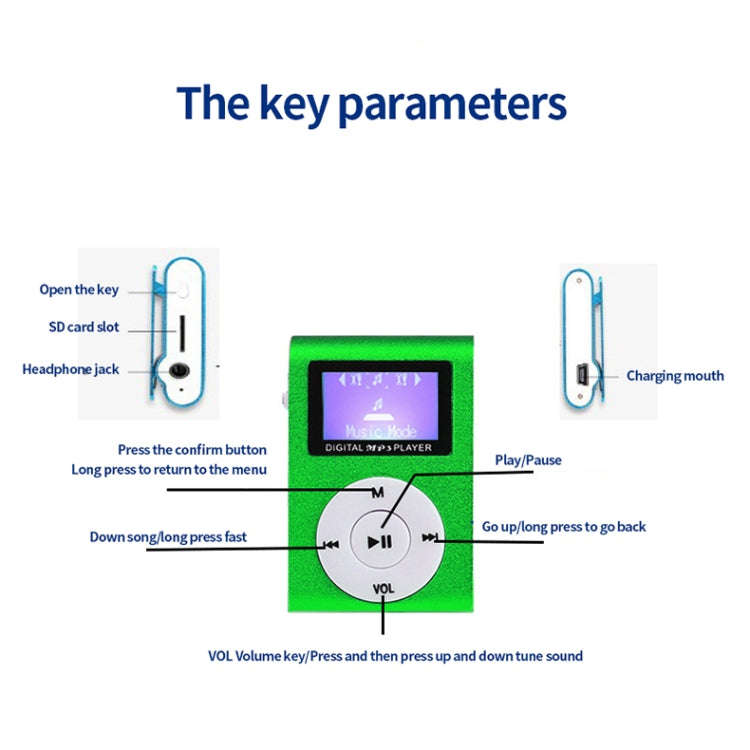 512M+Earphone+Cable Mini Lavalier Metal MP3 Music Player with Screen(Blue)