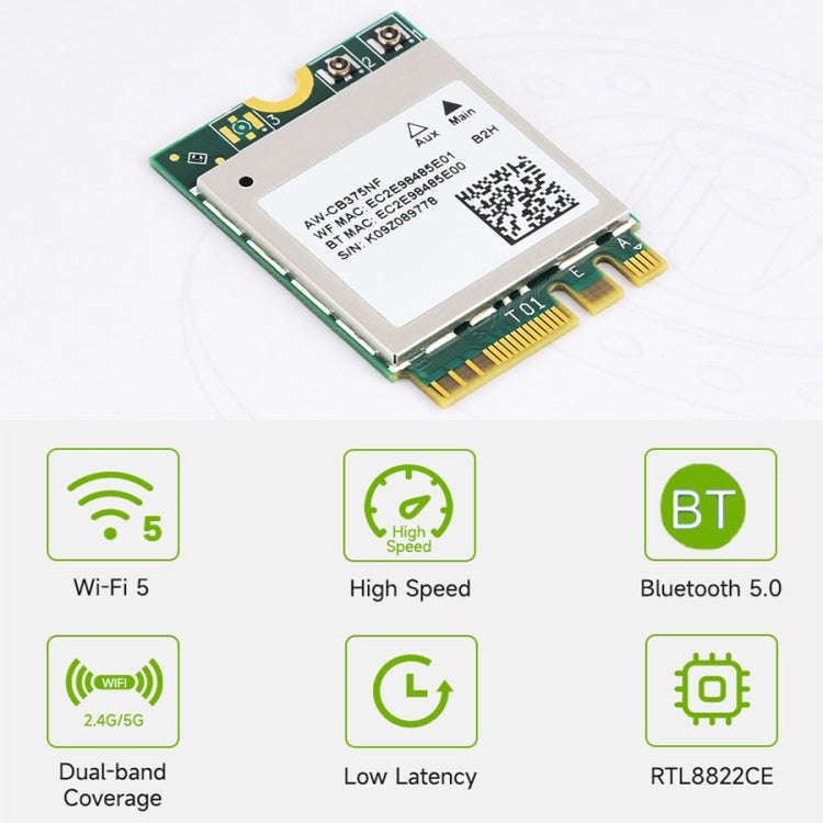 Waveshare 24780 AW-CB375NF 2.4G/5GHz Dual-Band WiFi 5 Wireless NIC, RTL8822CE-CG Core, Supports BLE