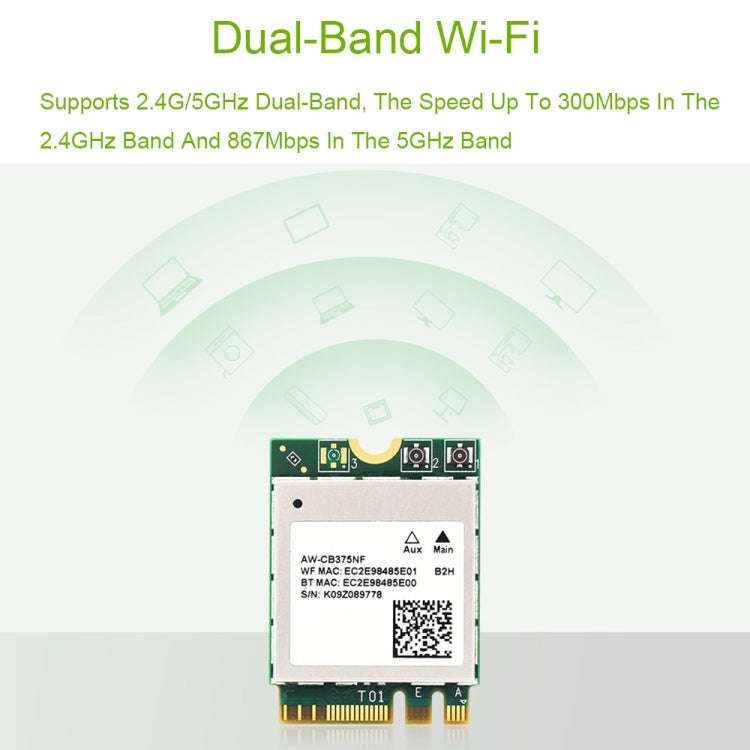 Waveshare 24780 AW-CB375NF 2.4G/5GHz Dual-Band WiFi 5 Wireless NIC, RTL8822CE-CG Core, Supports BLE