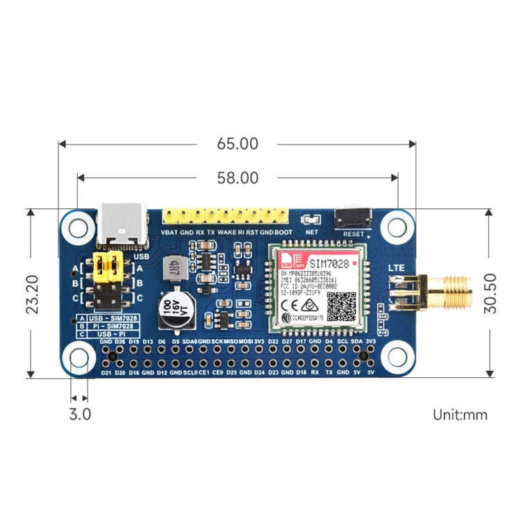 Waveshare 25349 SIM7028 NB-IoT HAT For Raspberry Pi, Supports Global Band NB-IoT Communication