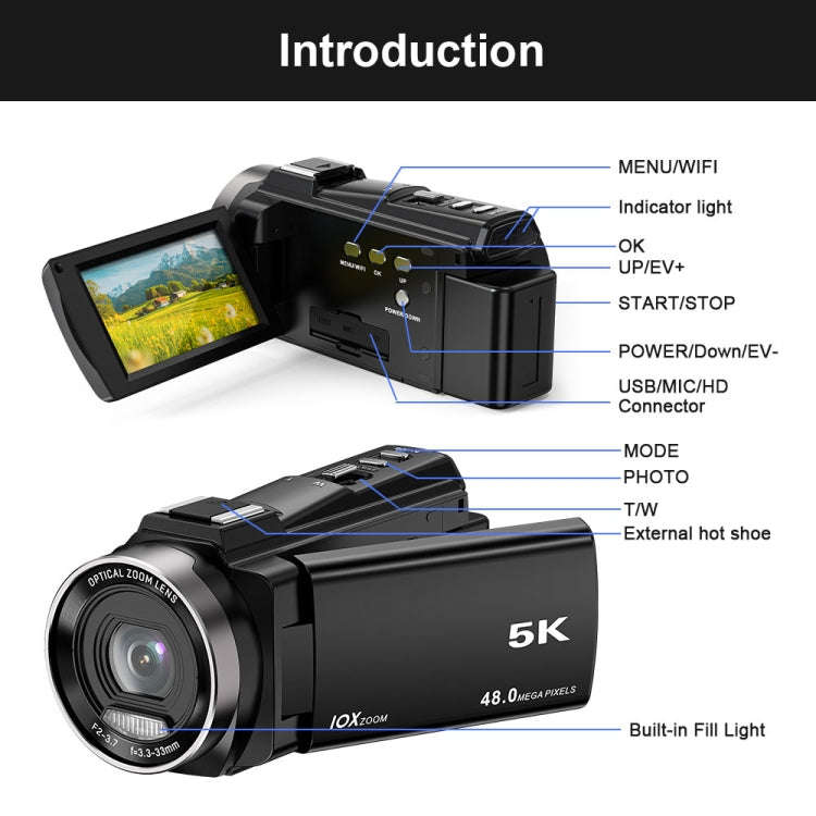 HDV265K 5K 30FPS 3.0-Inch HD Digital 3X Optical Zoom Outdoor Sports DV Camera EU Plug(Black)