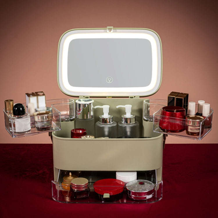 Cosmetic Storage Box Dustproof Skin Care Products Desktop LED With Mirror Shelf, Colour: Green La...