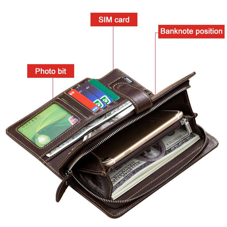 BULL CAPTAIN 028 Long Buckle Retro Cowhide Multi-Function Wallet (Coffee)