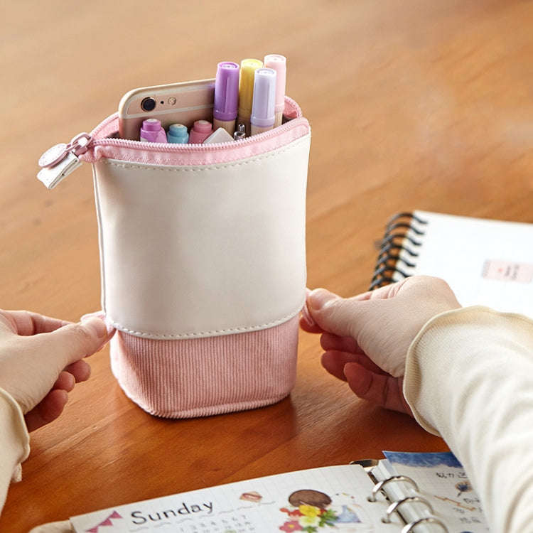 ANGOO Corduroy Retractable Drop-Down Pencil Case Student Stationery Storage Bag(Pink)