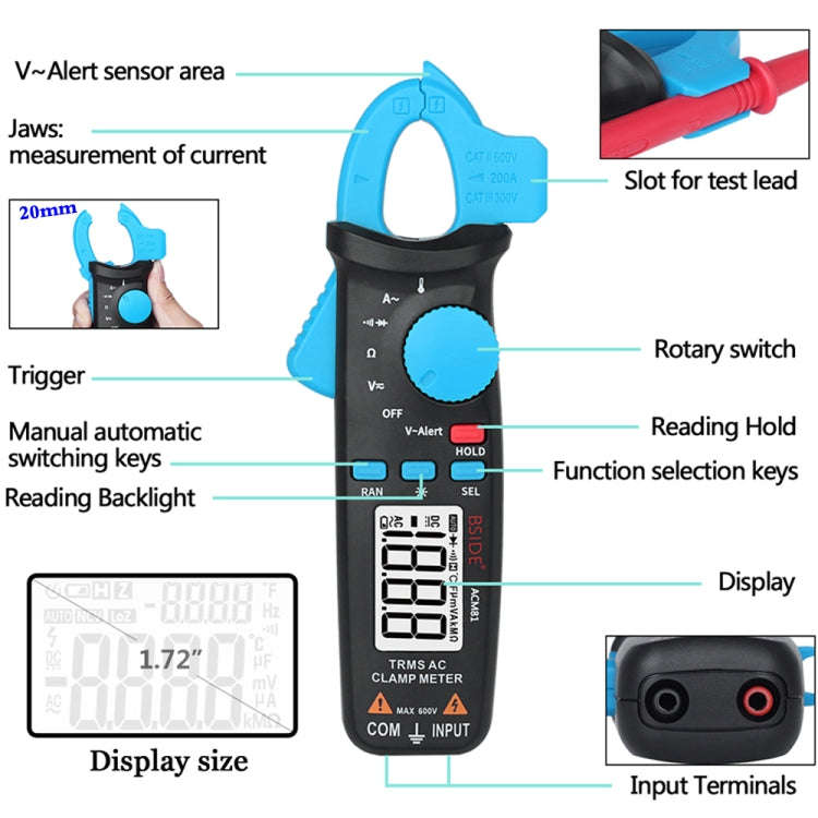 BSIDE ACM81 Digital Clamp Meter Auto-Rang 1mA Accuracy 200A Current DC AC Multimeter(Black)