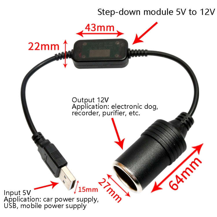 5V Turn 12V USB To Cigarette Lighter Socket Female Head Driving Recorder Mobile Power Cord, Speci...
