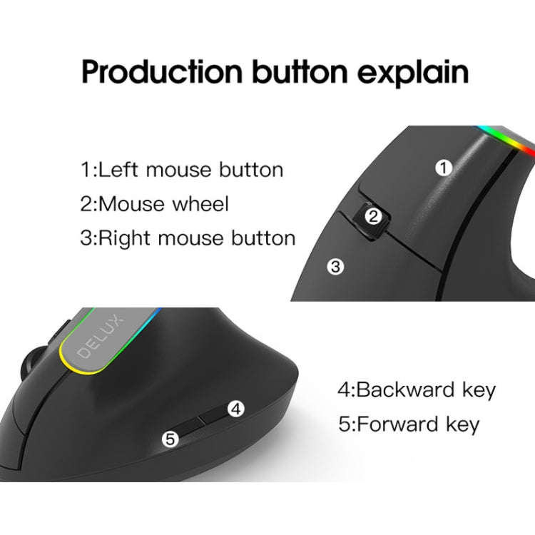 DELUX M618C 6 Keys 1600 DPI RGB Vertical Wireless Bluetooth Dual Mode Mouse(Black)