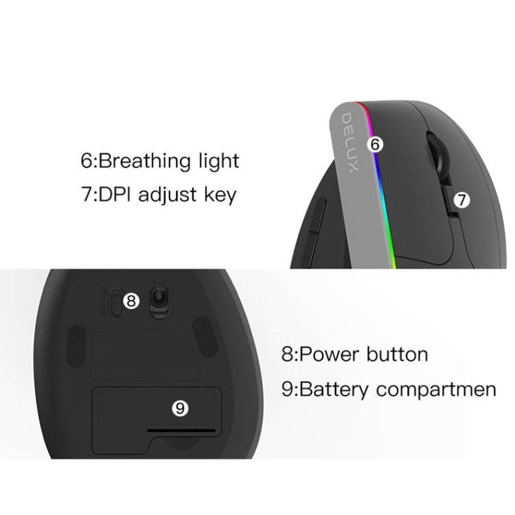 DELUX M618C 6 Keys 1600 DPI RGB Vertical Wireless Bluetooth Dual Mode Mouse(Black)