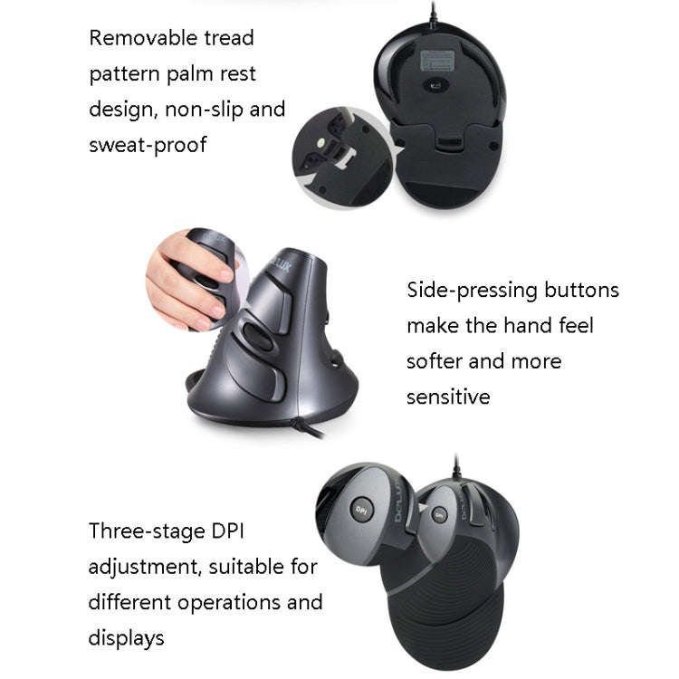 DELUX M618 6-Keys Vertical Handheld Mouse Ergonomic Wired Mouse, Cable Length: 1.5m(Black)