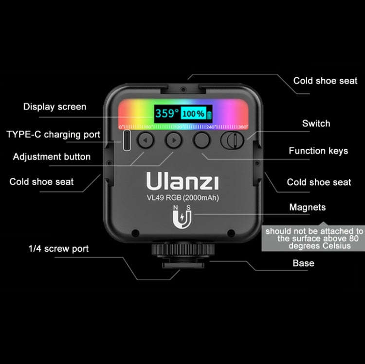 Ulanzi VL49 RGB Small LED Video Fill Light 6W Vlog Photography Beauty Light(Black)