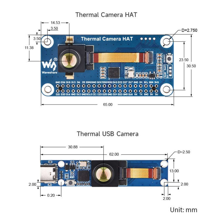 Waveshare Long-Wave IR Thermal Imaging Camera Module, 80×62 Pixels, 45°FOV(40PIN GPIO Header)