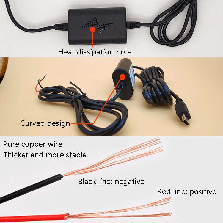 Car OBD Low-Voltage Protection Parking Monitor Power Cord 12V Turn 5V 2.5A Step-down Line, Specif...