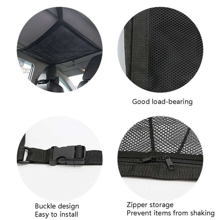 Car Ceiling Storage Net Bag Draw Rope Double-Layer Zipper Car Storage Net Pocket(80x55cm)