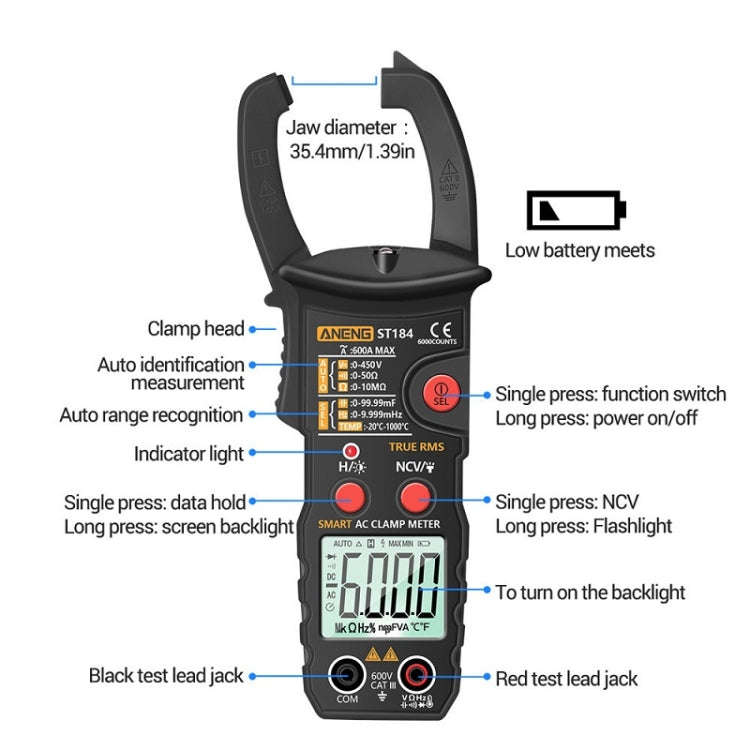 ANENG ST184 Automatically Identify Clamp-On Smart Digital Multimeter(Red)