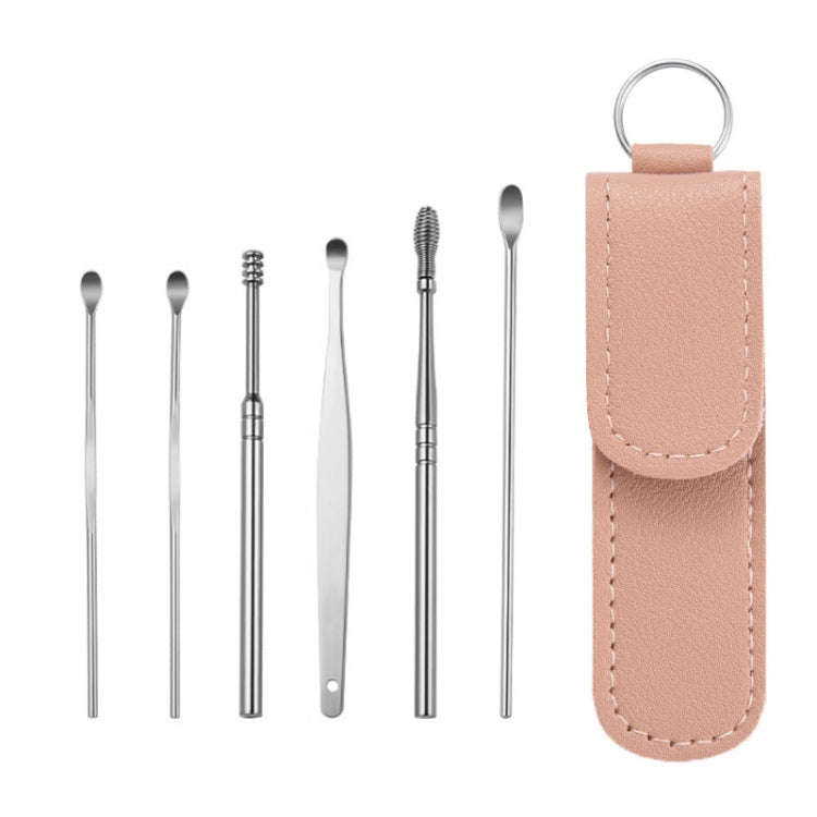 6 In 1 Stainless Steel Spring Spiral Portable Ear Pick, Specification: Pink Leather Case