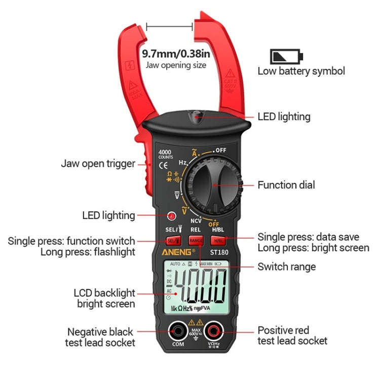 ANENG ST180 Digital Display Clamp AC & DC Intelligent Voltage Multimeter(Red)