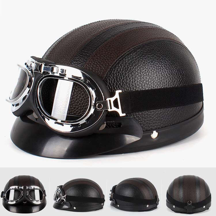 BSDDP A0318 PU Helmet With Goggles, Size: One Size(Black Brown)