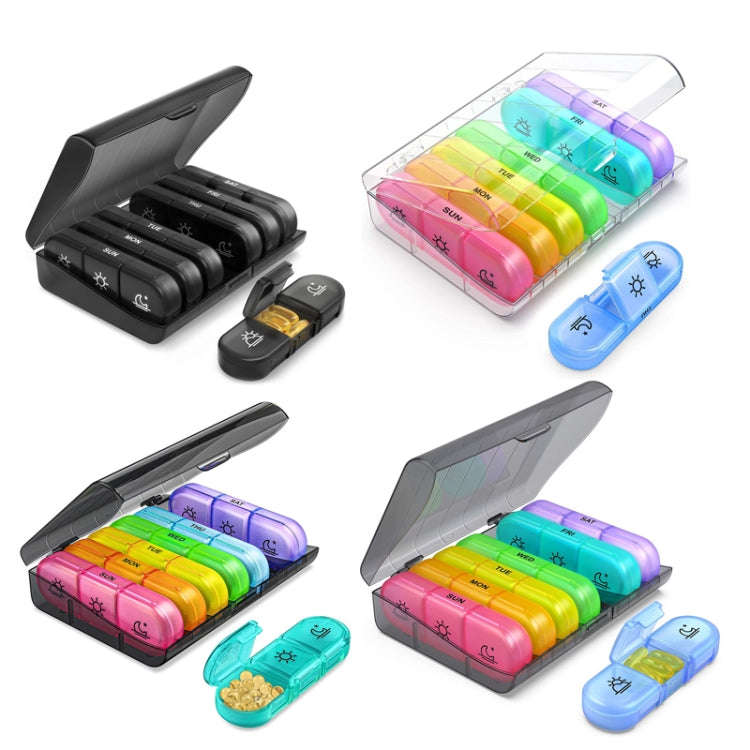 21-compartment Rainbow Pill Box One Week Pill Box(Black + Black)