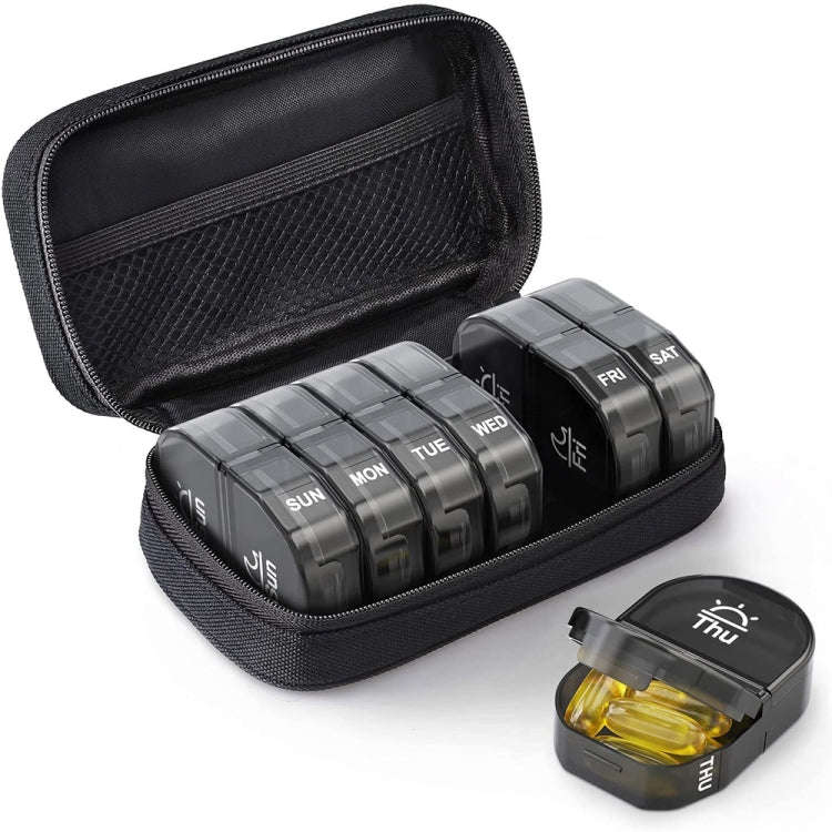 14 Compartment Medicine Box Plastic Double Row Leather Bag Pill Box(Black)