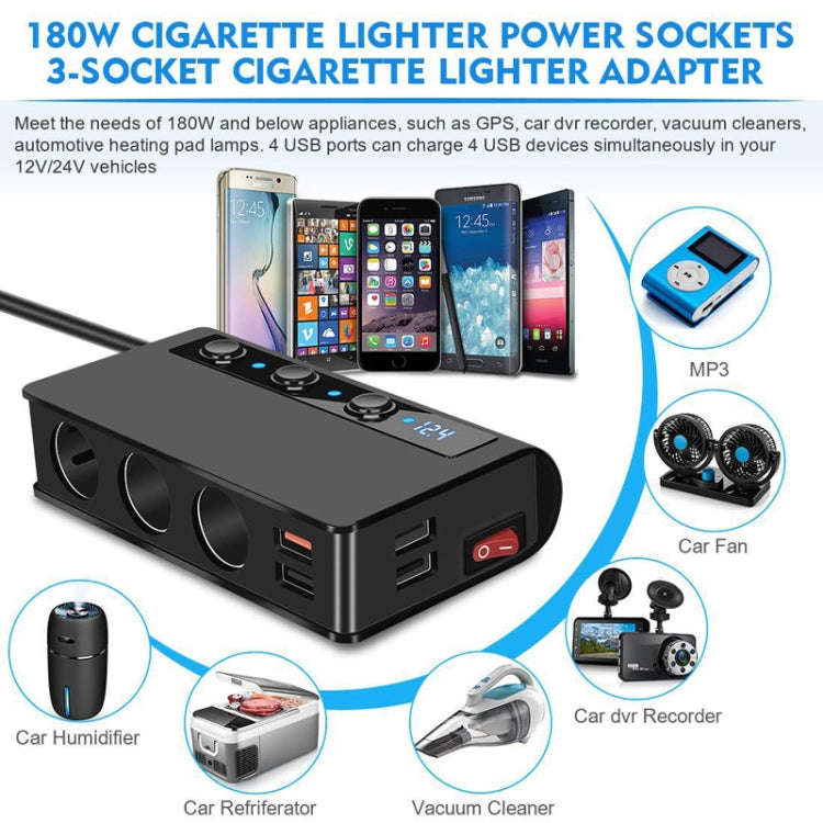 TR24 3 In 1 Car Cigarette Lighter Independent Switch Charger(Black)