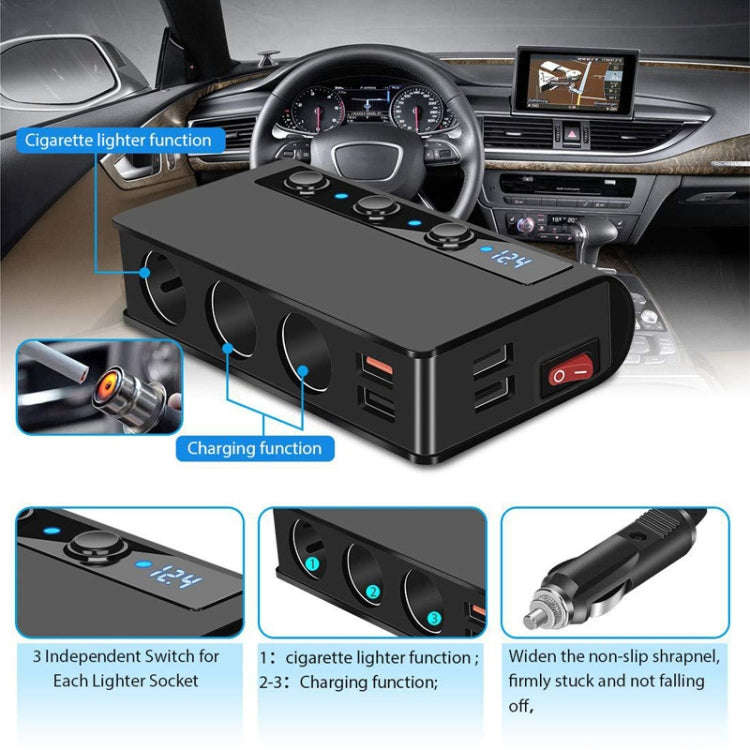 TR24 3 In 1 Car Cigarette Lighter Independent Switch Charger(Black)