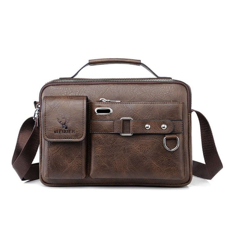 WEIXIER D235 Men Shoulder Bag Portable PU Leather Handbag(Plain Texture Dark Brown)
